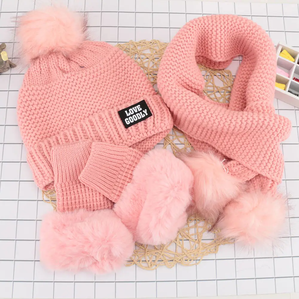 1 Set Female Winter Wool Knit Warm Hat +collar Gloves Sets Plus Padded