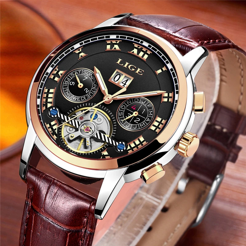 

Men Watch Top Brand LIGE Men Waterproof Sport Mechanical Watch Men Casual Leather Business Wristwatch Reloj Automatico De Hombre