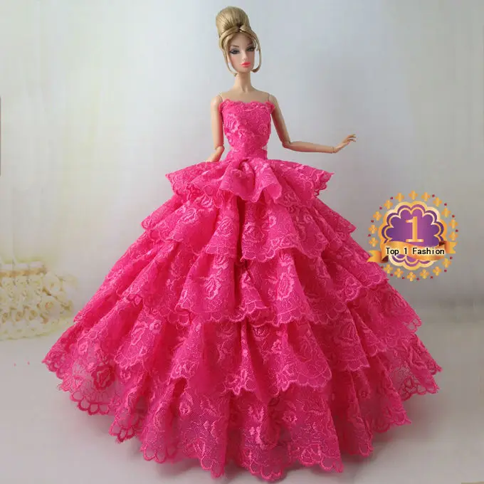 

2016 new arrvial doll's 5 layers luxurious embroidery rose color princess wedding evening dress for barbie doll