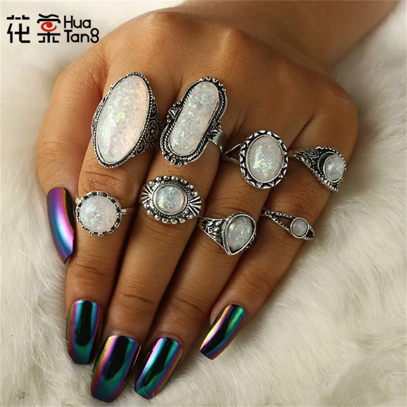 

HuaTang 8pcs/set Womens Fashion Silver Ring Geometric Big Opal Rhinestone Ring Sets for Women Girl Knuckle Rings Jewelry 6421