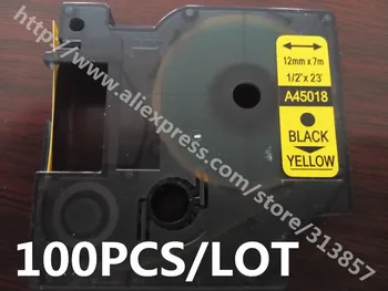 

Free shipping 100Pcs Label Maker DYMO Label Tape Cassette 45018 Black On yellow 12mm * 7m Compatible LM500TS Label Printer