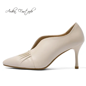 

Fashion women's shoes winter 2019 pointed toe pure color stilettos heels pumps slip-on party shoes black leather small size 33