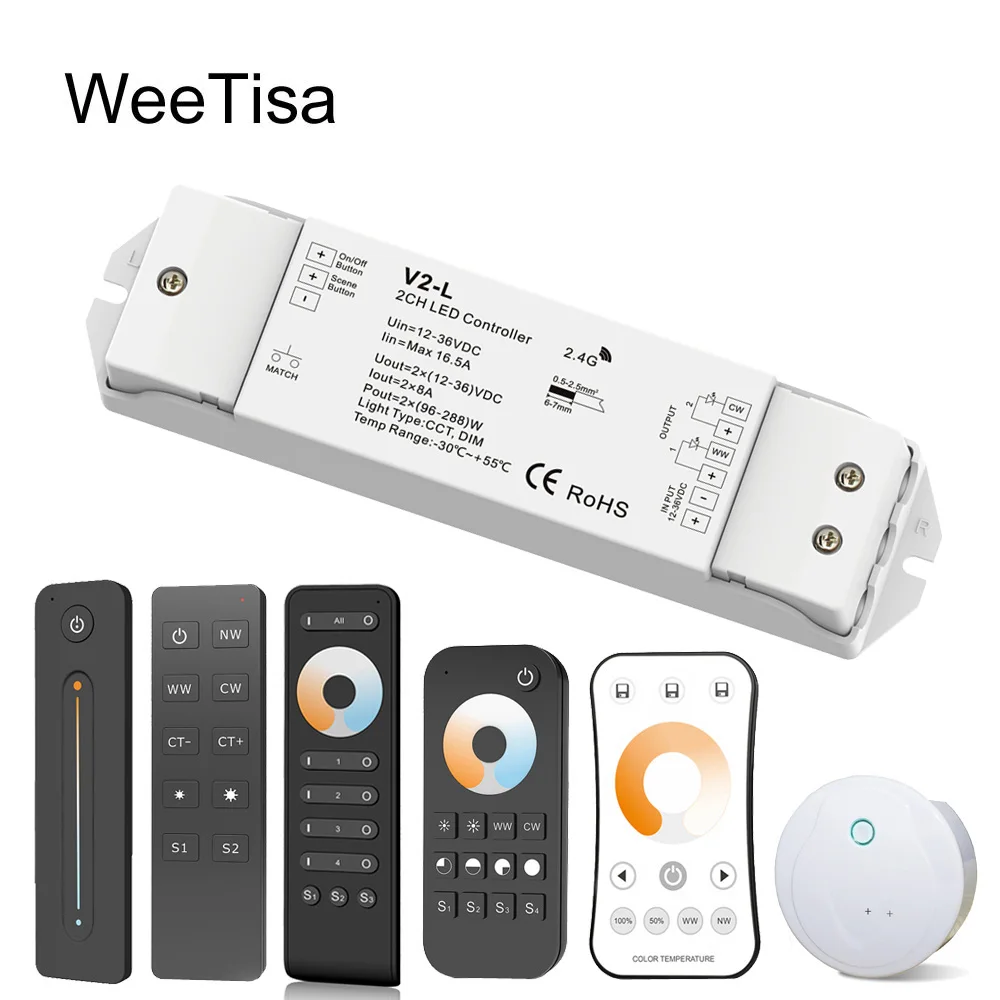 

LED Dimmer Switch CCT 12V 24V 36V RF Wireless 2.4G Remote Smart Wifi 2CH WW CW LED Controller for CT Single Color LED Strip V2-L