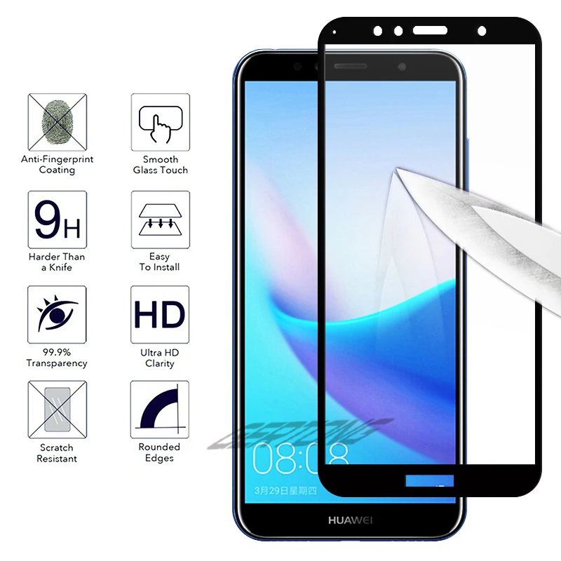 Закаленное стекло с полным покрытием для Huawei Y6 Y5 Y7 Prime Y9 2018 2019 Pro 2017 Защитная пленка