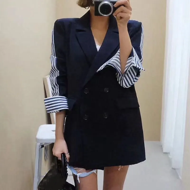 

2018 Female Notched Collar Striped Blazer Autumn Double Breasted Elegant Coat Patchwork Packet Casual Jacket