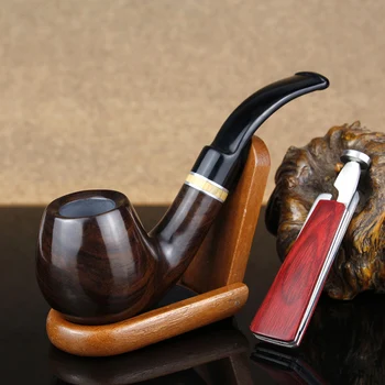 

New Ebony Wood Pipe Set Open-Close Type Wooden Stand 3in1 Multifunction Metal Knife 9mm Filter Smoking Pipe Tobacco Pipe