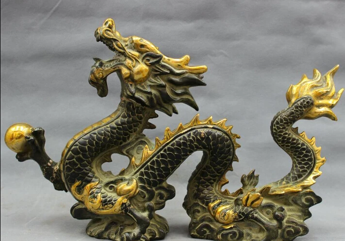 

wholesale factory 18" Chinese Bronze Gilt Zodiac FengShui Fly Dragon Ball Statue Animals Sculpture
