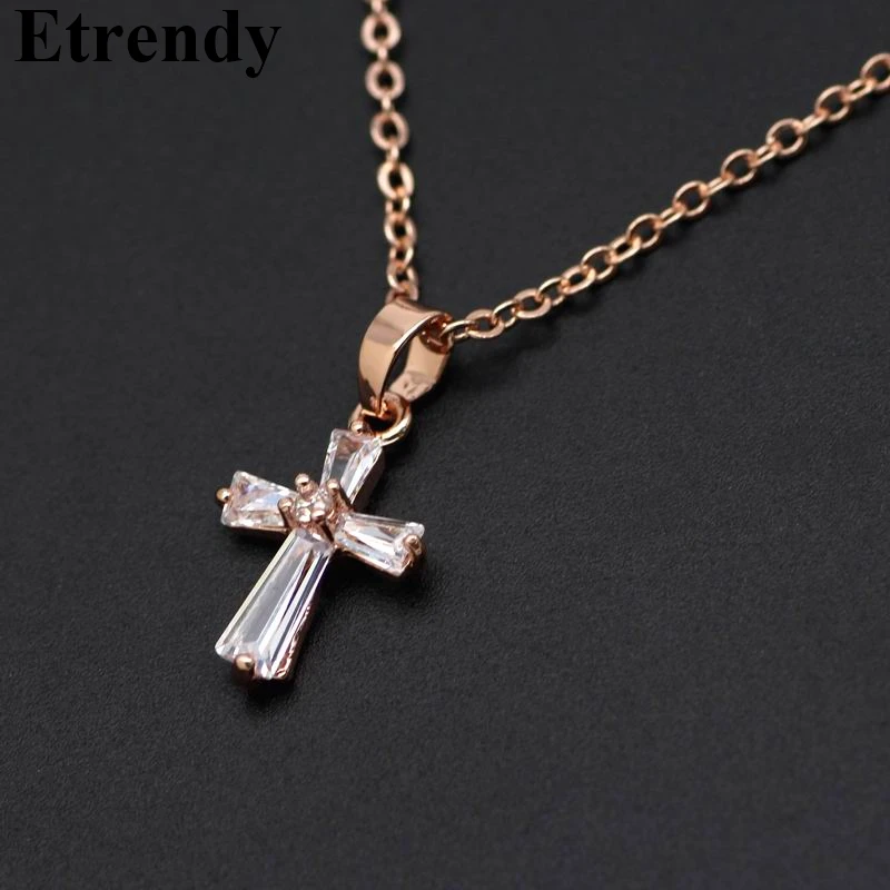 Rose Gold Color Cross Pendant Necklaces For Women Crystal Cubic