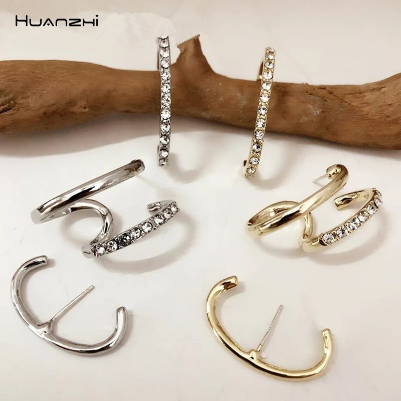 

HZ 2019 New s925 Chic Silver Pin 3 Pcs/Set Geometric Rhinestone Crystal Double Layer E Shape Stud Earrings for Women Girls Party
