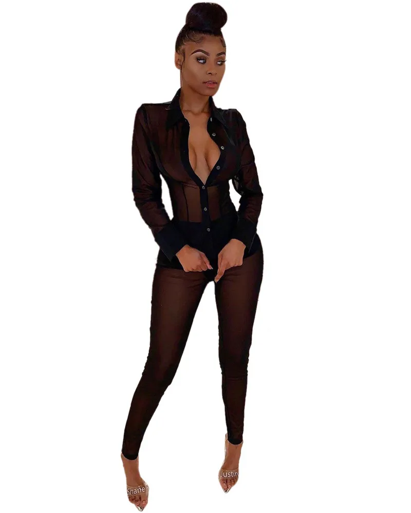 Adogirl женский сексуальный комплект из двух предметов с прозрачной сеткой, рубашки с длинными рукавами, топ+ брюки-карандаш, модная блузка, костюм, вечерние костюмы для ночного клуба