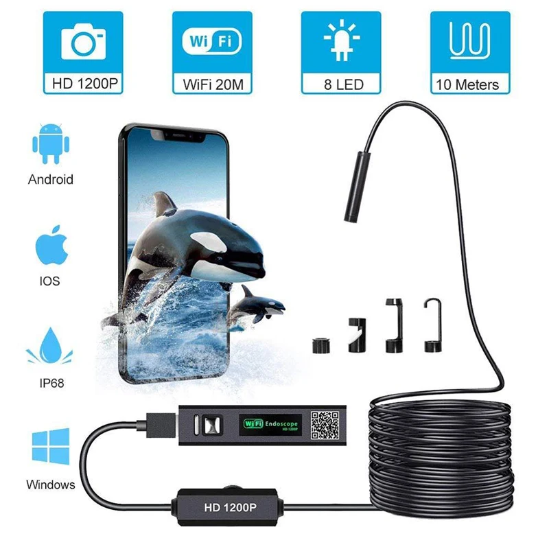 

HD 1200P Mini IP68 Waterproof WIFI Endoscope Camera 10M Hard Wire 8mm Lens 8 LED Inspection Borescope Camera For Android/PC/IOS