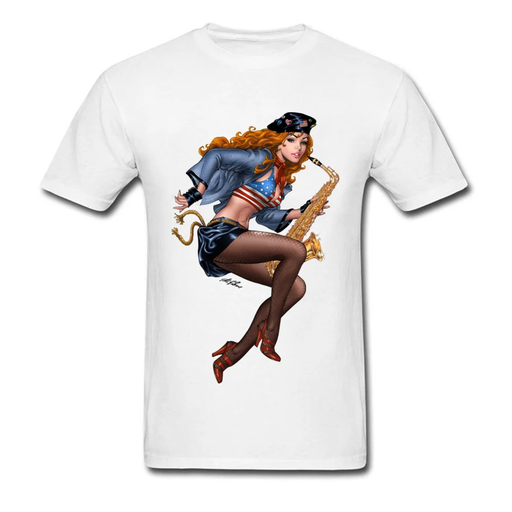 Cool Saxophone Playing Redhead Pinup Tops Shirt New Fashion Crew Neck Funny Short Sleeve 100% Cotton Student T Shirt Tee Shirts Cool Saxophone Playing Redhead Pinup white