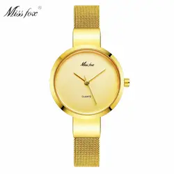 Для женщин платье наручные часы золотой браслет часы MISS FOX Топ люксовых брендов модные лаконичные Сталь полосы женские кварцевые часы