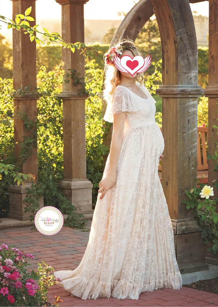 Maternity Dress For Photo Shooting Round neck White Dress Maternity Photography Props Short Sleeve Lace Pregnant