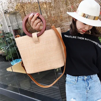 

Women Handbag Summer Beach Bag Rattan Woven Handmade Knitted Straw Large Capacity Totes Leather Women Shoulder Bag Bohemia bb441
