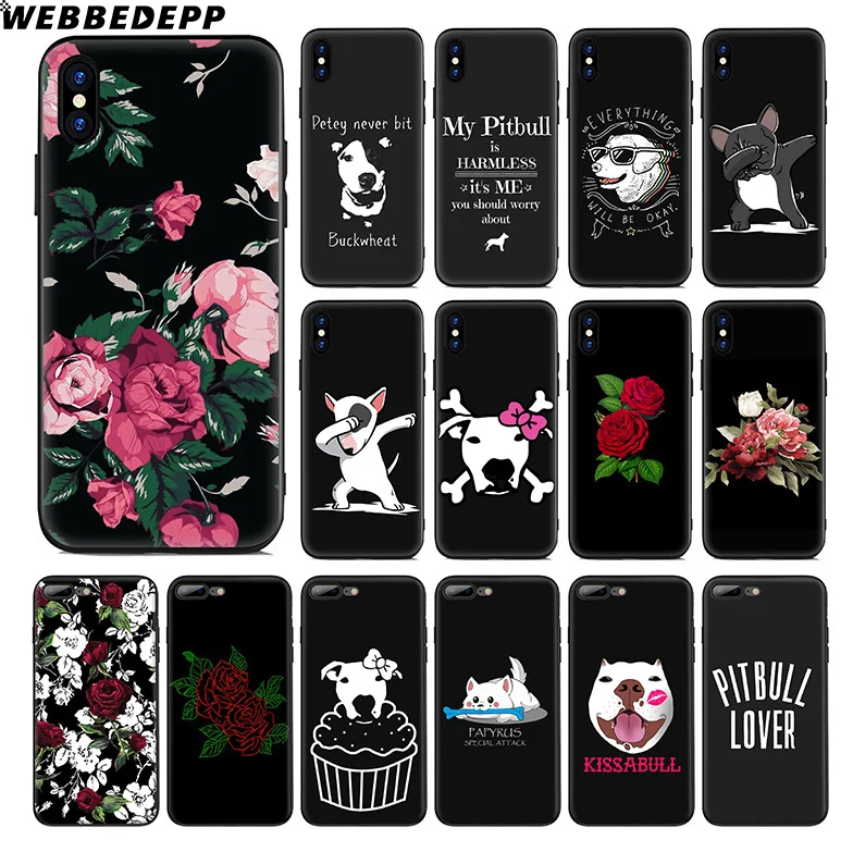 

WEBBEDEPP Pitbull Dog Flower Rose Soft Silicone Case for Apple iPhone 11 Pro Xr Xs Max X or 10 8 7 6 6S Plus 5 5S SE TPU