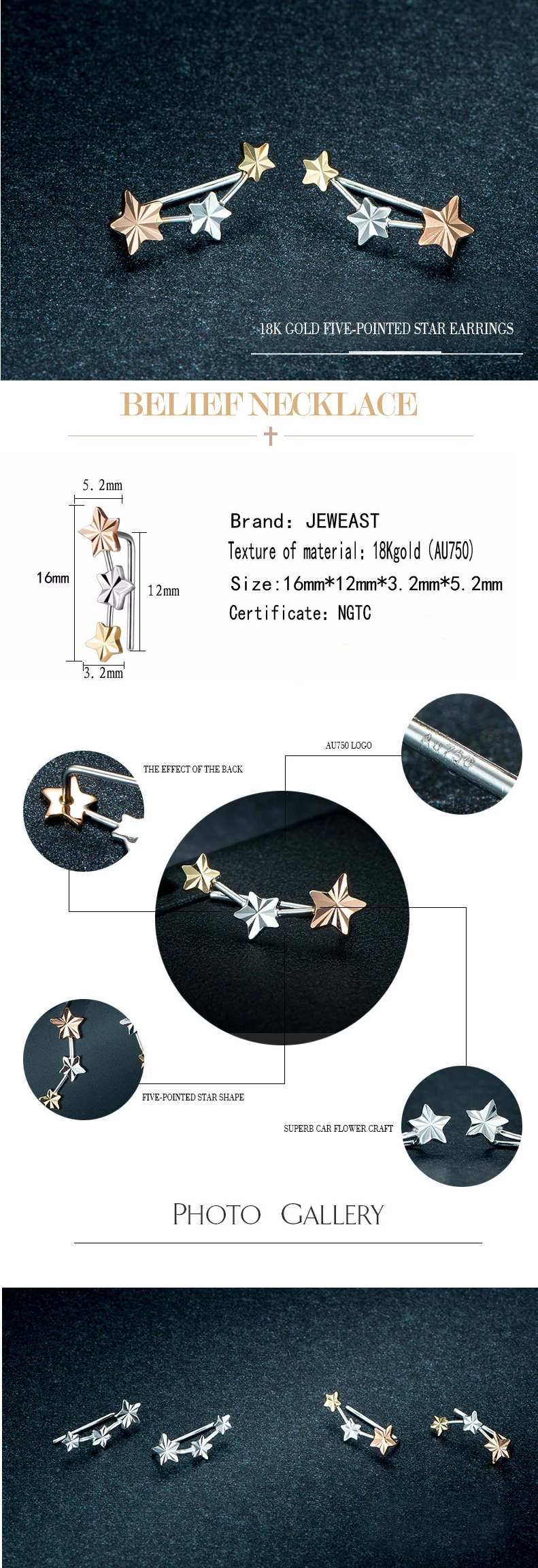 18k Pure Gold Stud Earring Exquisite Elegant Women Jewelry Rose Yellow White Star Miss Girl Gift For Birthday Hot Sale Good New