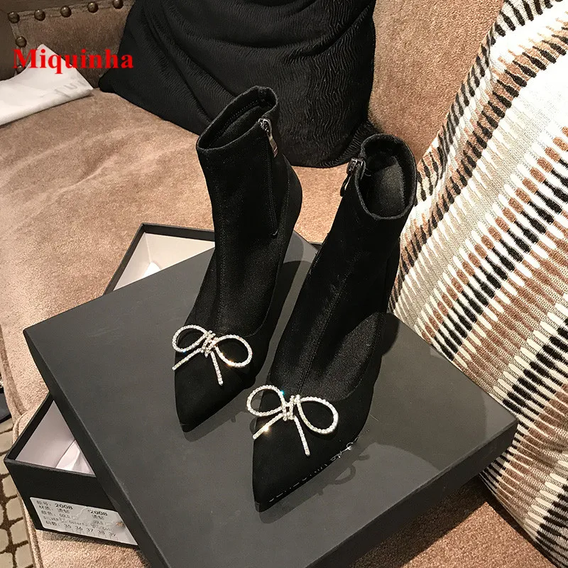 Botas Mujer черные Хрустальная Бабочка узел острый носок ботильоны Для женщин сапоги
