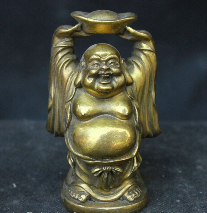 

Chinese Fengshui Culture Lucky Money Old Brass Statue Maitreya Buddha Sculpture