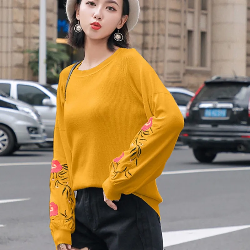 Новые высококачественные Женская мода 2018 свитер с круглым вырезом женские топ женские длинные рукава теплые свитера вышитые вязаный