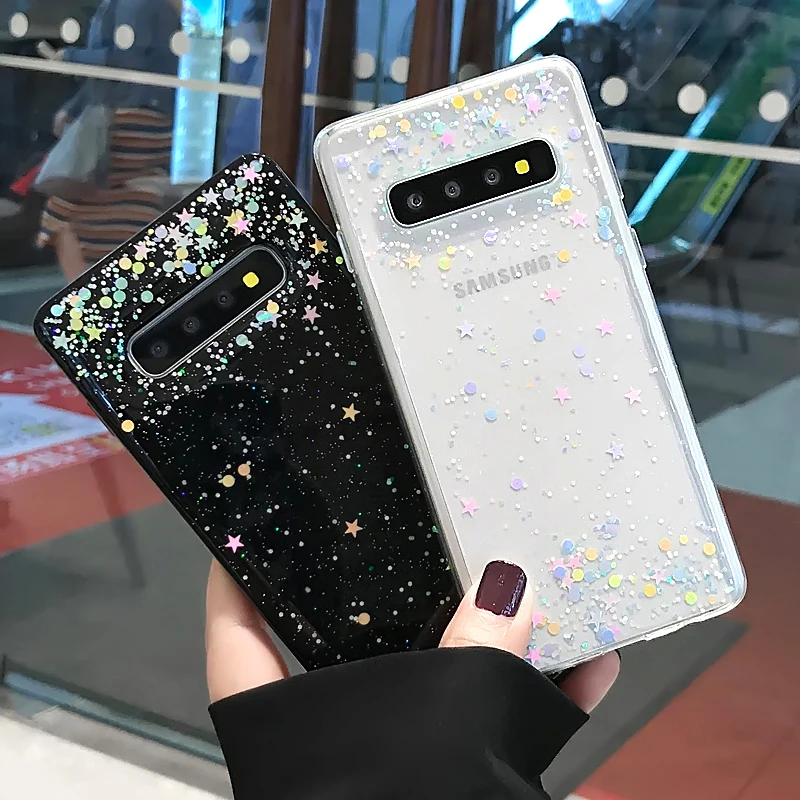 YHBBCASES For Samsung Galaxy S8 S9 S10 Plus Fashion Colorful Bling Paillettes Stars Clear Soft Cover For Samsung Note 8 9 Cases