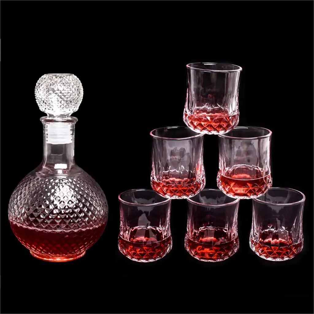 Vintage Whiskey Decanter Crystal Glass Liquor Bottle Wine Stopper With 6 Cups 