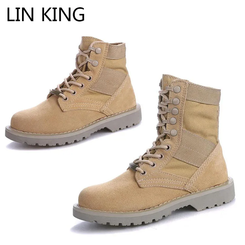 

LIN KING Retro Women Genuine Leather High Top Boots Solid Lace Up Ladies Boots Female Work Safety Boots Punk Short Boots