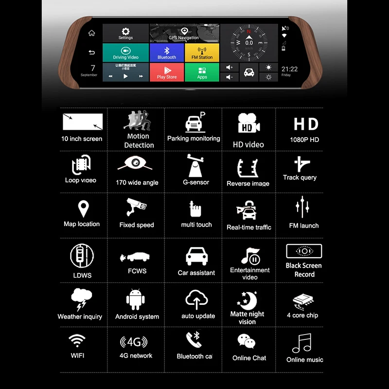 Автомобильный видеорегистратор с 10 дюймовым экраном 4G Android ADAS GPS Bluetooth Wi Fi FHD 1080P