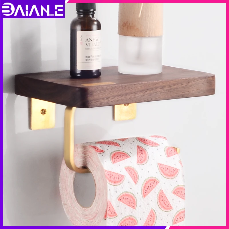 Creative Toilet Paper Holder With Shelf Brass Wooden Paper Towel