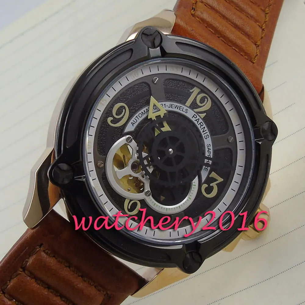 

New Arrival 44mm PARNIS hollow dial brown Leather Strap Top Luxury Brand miyota movement Automatic Men's business Watch