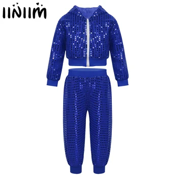 

iiniim Unisex Kids Boys Girls Hip-hop Jazz Costume Street Dancing Class Clothing Shiny Sequins Hooded Tops with Pants Dancewear