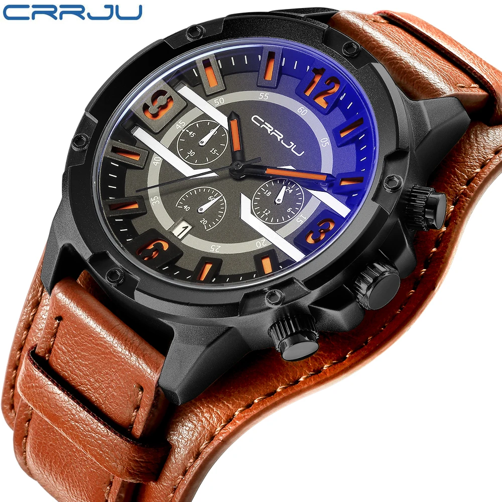 

CRRJU 2018 new relogio masculino Men Chronograph Sport Watches Male Casual Quartz Wristwatch Leather Military Waterproof Clocks