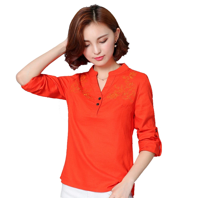 Womens Tops And Blouses 2016 Autumn Embroidery Plus Size Casual Cotton Linen Shirt Hot Sale Long ...