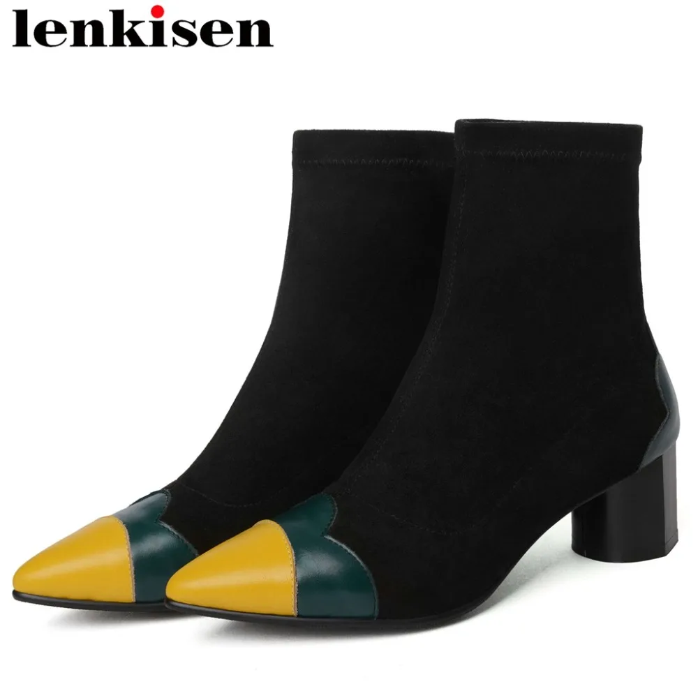 

Lenkisen 2018 oxford pointed toe mixed colors natural leather slip on elegant lady high strange heels stretch mid-calf boots L24