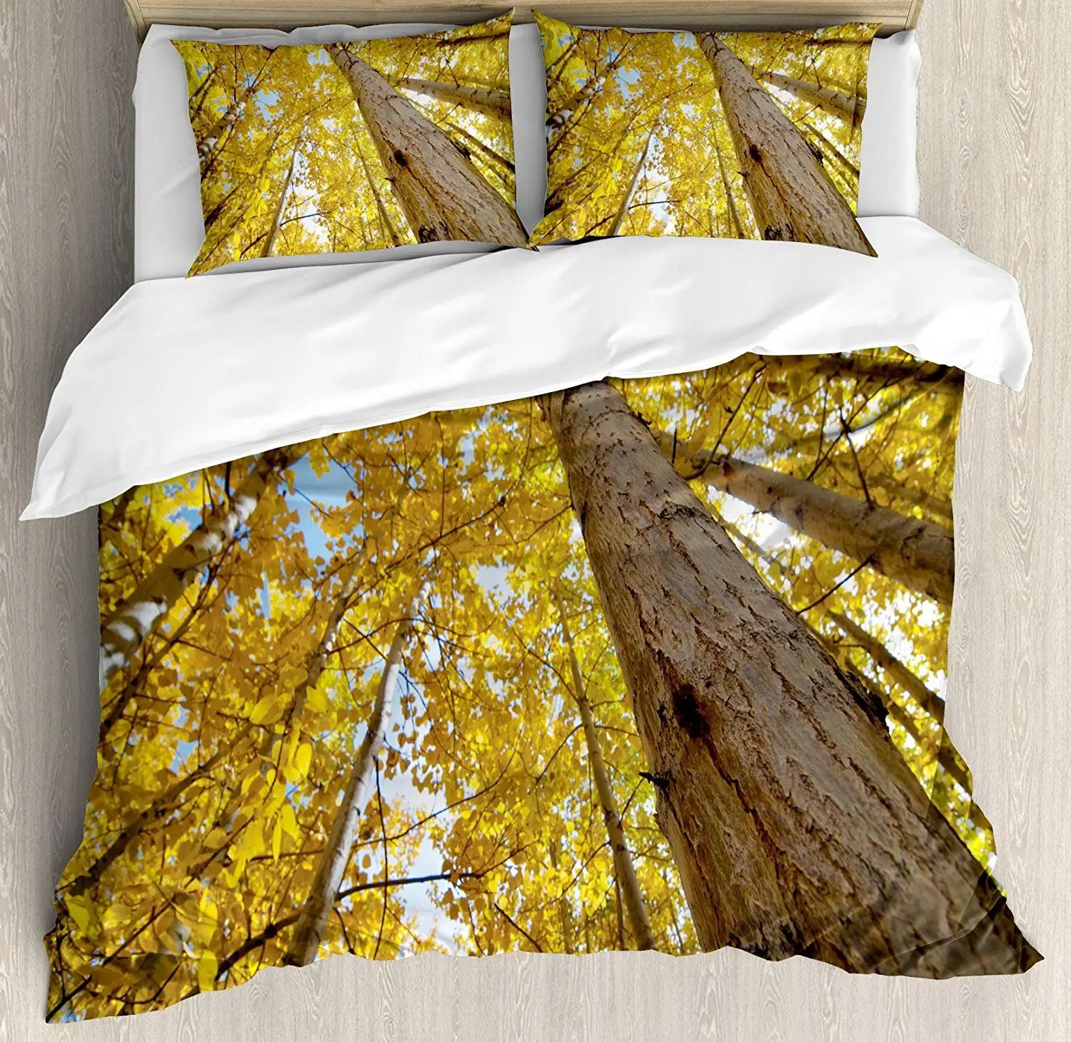 

Forest Home Decor Duvet Cover Set, Up View of Fall Aspen Tree Leaves in Fade Tone Autumn Season Photo Image, 3 Piece Bedding Set