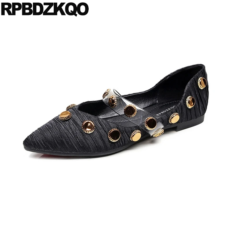 

Beautiful Dress Wedding Ballet Shoes Pointed Toe Stud Transparent Rivet Satin Ballerina Women Soft Metal Mary Jane Flats Chinese