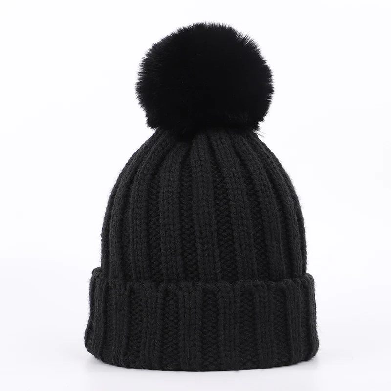 Осенне-зимняя детская вязаная хлопковая шапка, теплая детская шапка с помпонами для мальчиков и девочек, универсальная меховая шапка, однотонный модный шарф, шапка, перчатки, комплекты - Цвет: Black
