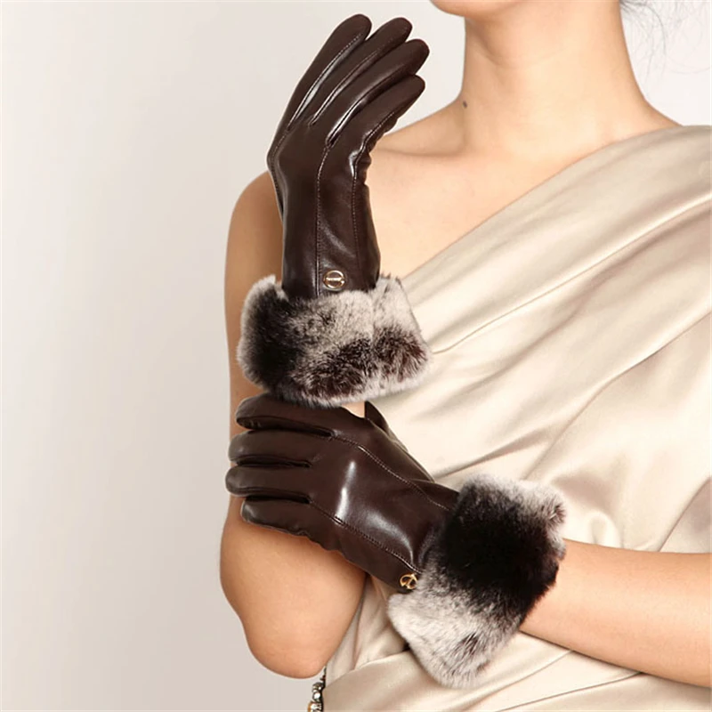 Модные женские туфли из овечьей кожи перчатки высокое качество из натуральной кожи пять пальцев кроличьим мехом Элегантные зимние женские