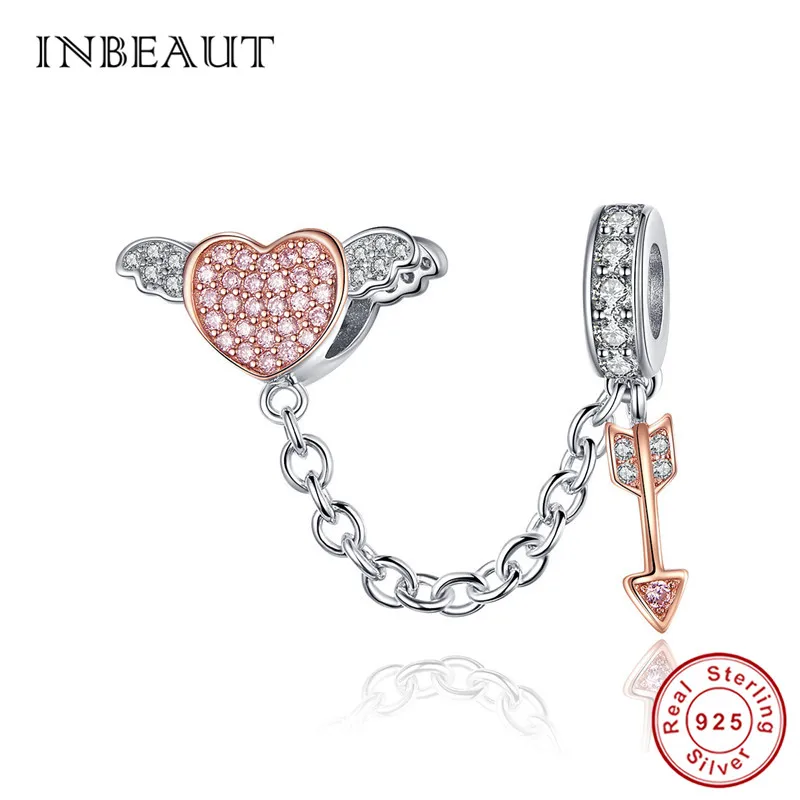 

INBEAUT 100% 925 Sterling Silver Love Angel Heart Wing Arrow Safety Chain Beads fit Panodra Bracelet Cupid Charms DIY Jewelry
