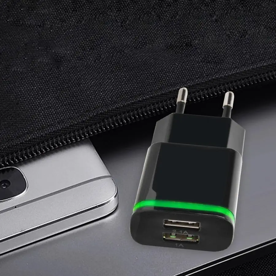 Универсальное зарядное устройство с двумя USB зарядной головкой, штепсельная вилка европейского стандарта для смартфона, планшета, черного цвета