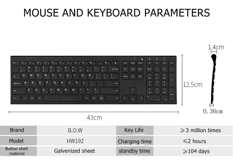 B. O. W HW192 металлическая пластина 2,4 ГГц Беспроводная клавиатура и мышь комбо, ультра тонкая клавиатура с эргономичным дизайном для ноутбуков стол, ПК