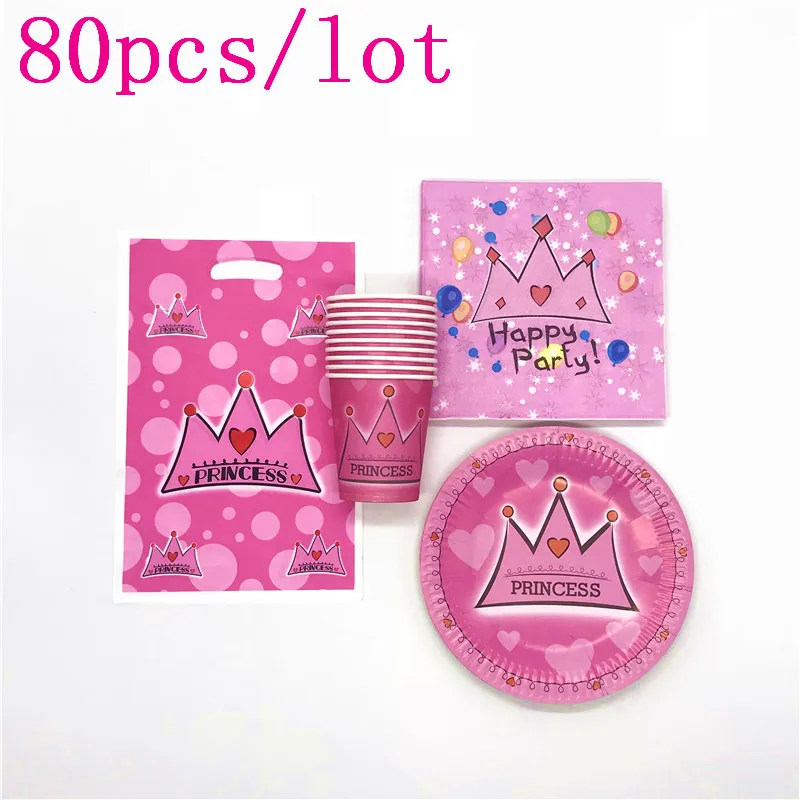 

80Pcs/Lot Pink Crown Theme Design Disposable Tableware Paper Plates +Cups+Napkins+Gift Bags Birthday Party Supplies
