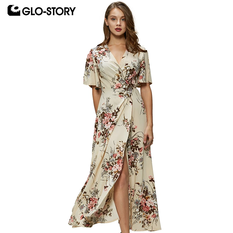 

GLO-STORY 2019 New Fashion Ladies Floral Split V-Neck Boho Maxi Dress Women Elegant Long Dress Beach Dress Clothes WYQ-8308