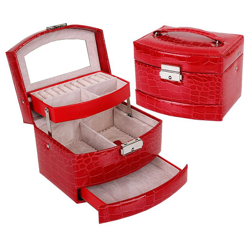 Автоматическая кожаная шкатулка для ювелирных изделий трехслойная коробка для хранения для женщин серьги кольцо косметический Органайзер шкатулка для украшений - Цвет: Red