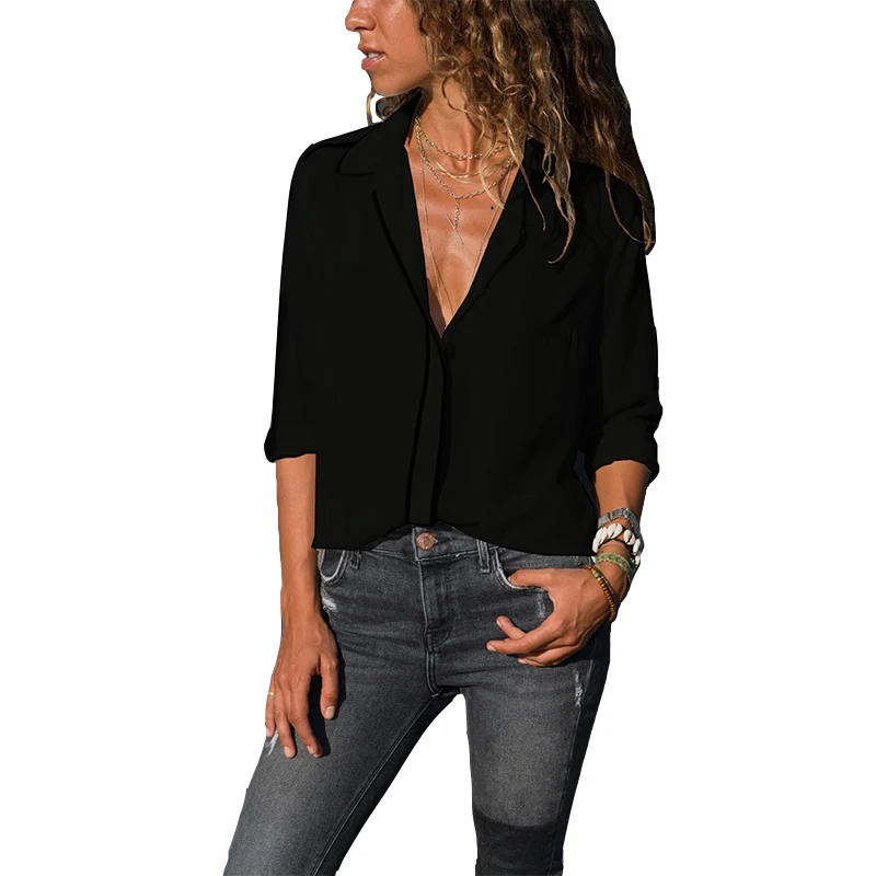 Новинка; Лидер продаж Для женщин модные однотонные Цвет нагрудные с длинным рукавом шифоновая рубашка Женская Офисная Повседневное кнопка