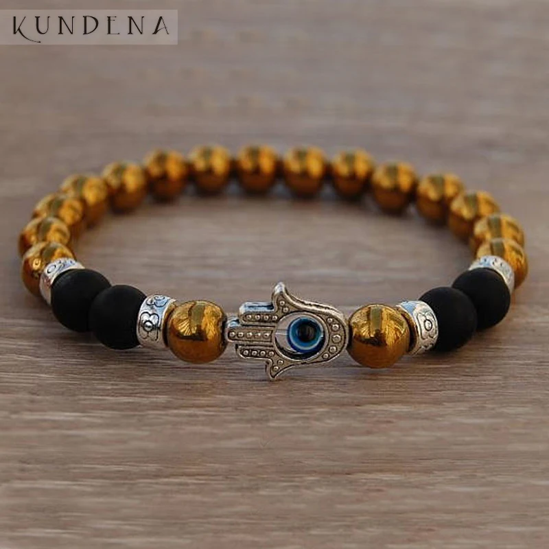Hamsa Hand Bracelet Gold Hematite Heavy Stretch Wrist Evil Eye beads