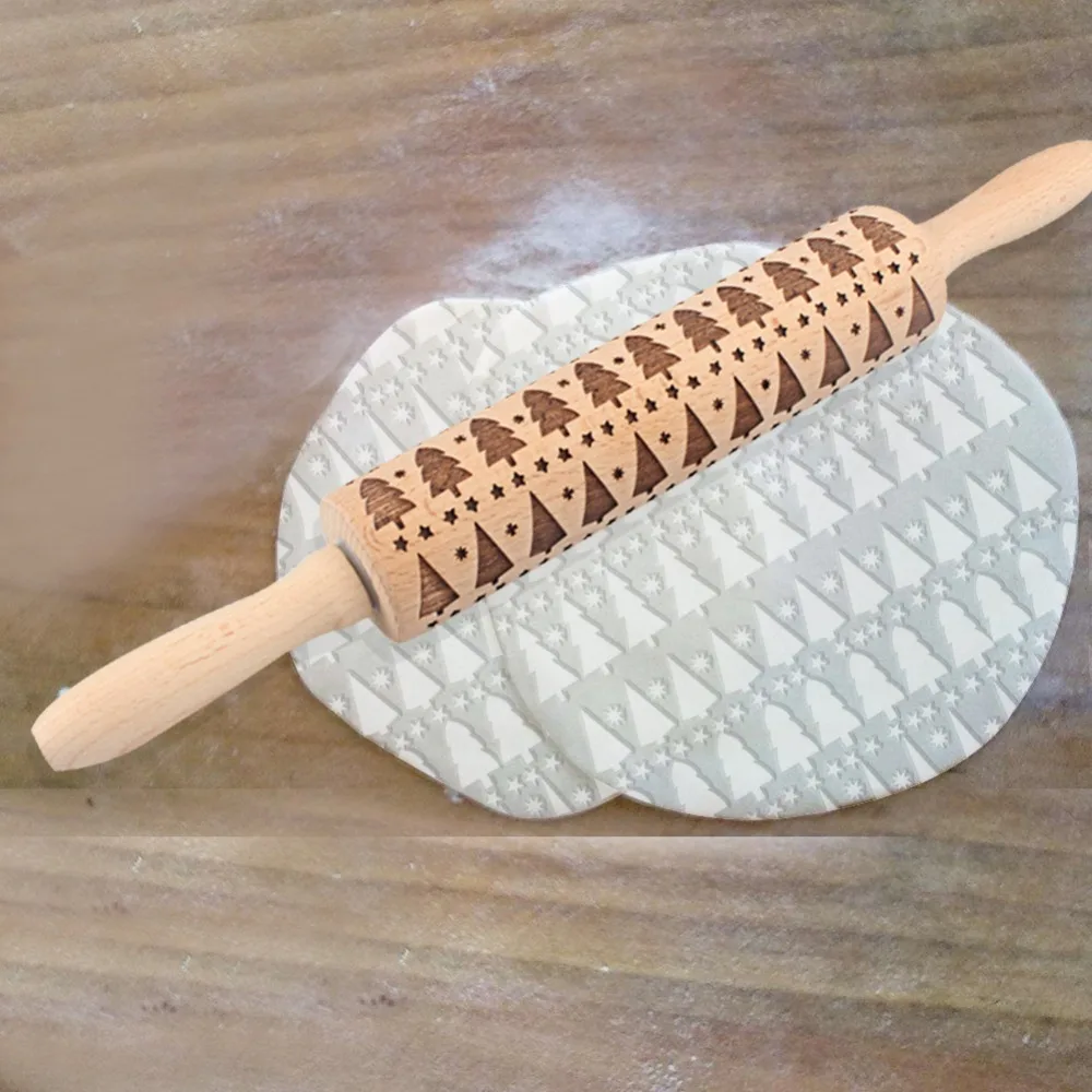

Baking Christmas Tree Embossing fondant printing rolling pin Beech 38CM creative gift Engraved Rolling Pin Christmas Party Tools