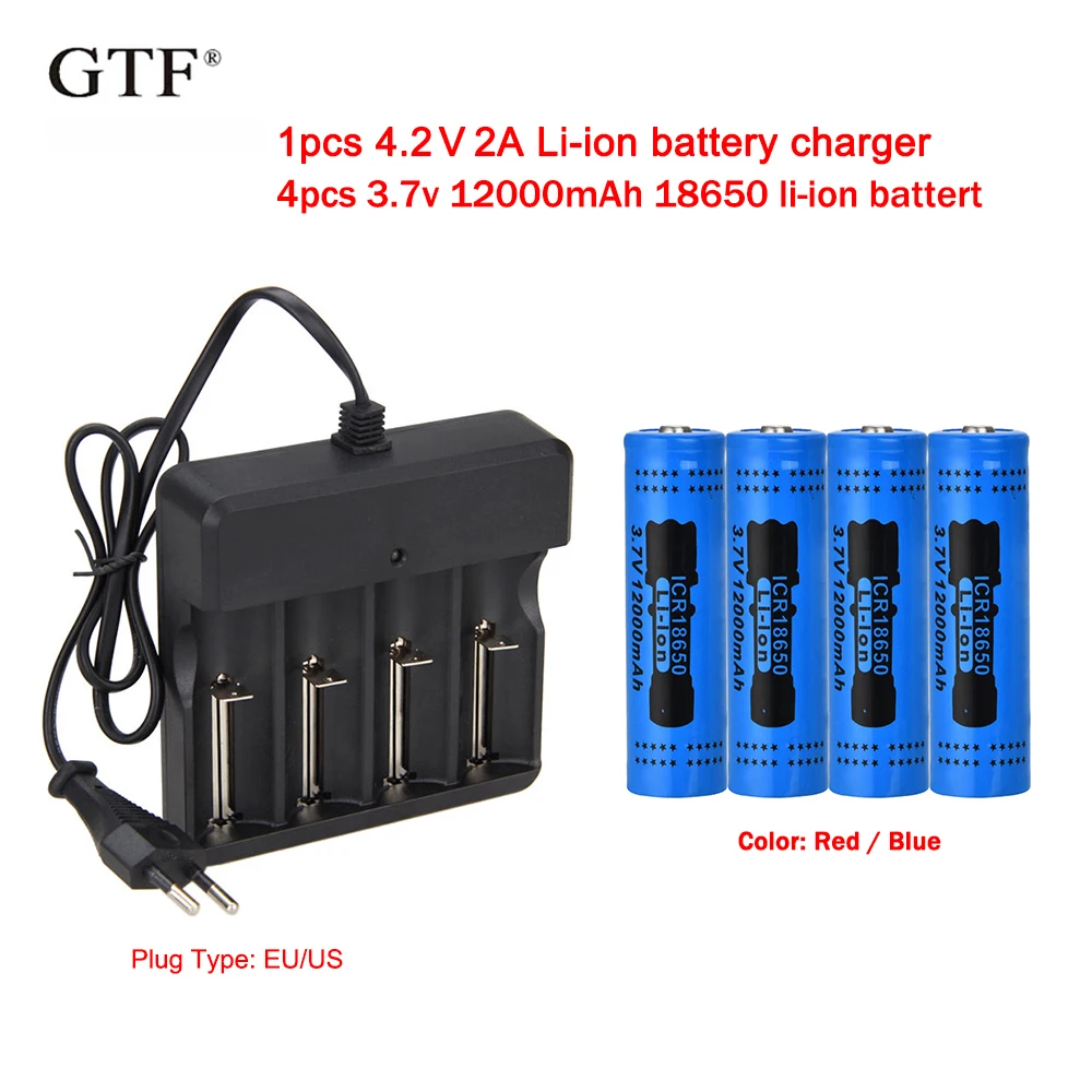 

4pcs 3.7V 12000mah 18650 Battery Tool Li-ion Rechargeable Batteries + 1pcs EU/US 4.2V 2A li-ion battery charger AC100-240V