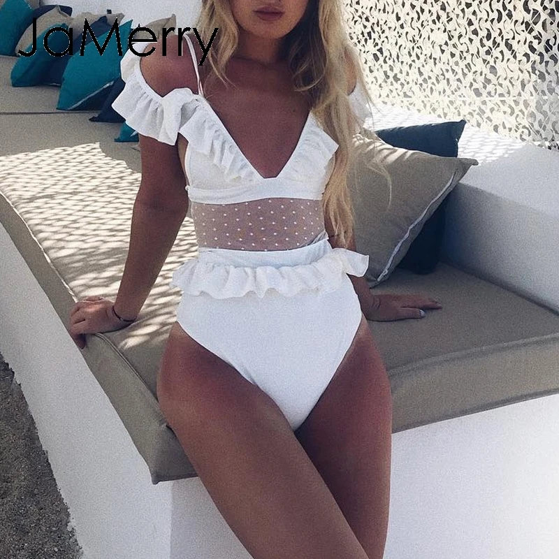 

Mesh white one piece swimsuit female Deep v high waist bikini Sexy ruffle swimwear women Push up bathing suit Monokini