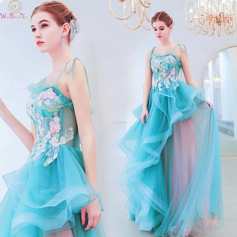 

Asymmetrical Ruffles Formal Prom Dresses 2019 Long vestidos de gala Spaghetti Straps Evening Graduation Gowns Walk Beside You